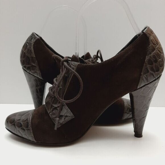 REBECCA BLUE Lace-up High Cone Heels Suede & Patent Leather Shoes Sz 7.5 Eur 38 - Picture 12 of 16